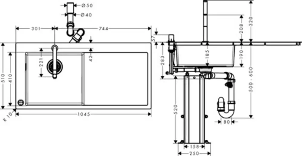 Spüle von Hansgrohe mit seitlich angeordneter Abtropffläche und zwei Becken, dargestellt in einer technischen Zeichnung mit Maßen und Anschlüssen.